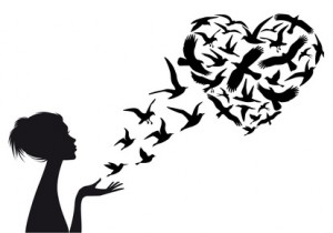 Heart shaped flying birds with woman silhouette, vector illustration